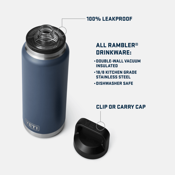 Specification panel for the white YETI Rambler 36 oz bottle showing size and capacity