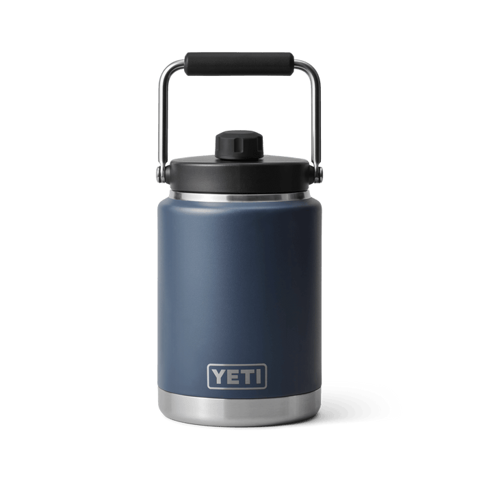 YETI Rambler half gallon insulated water jug in navy with carry handle and cap
