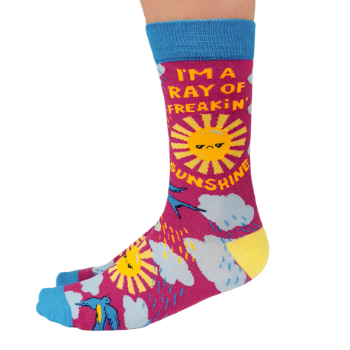 Print on Socks: "I'm a freakin' ray of sunshine". Mad Sun with Sky view of clouds and birds.