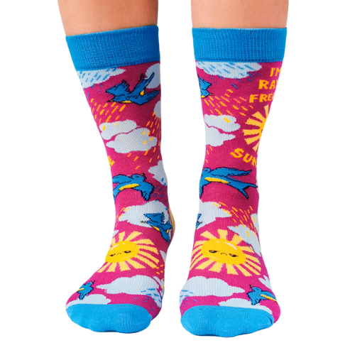 Print on Socks: "I'm a freakin' ray of sunshine". Mad Sun with Sky view of clouds and birds.