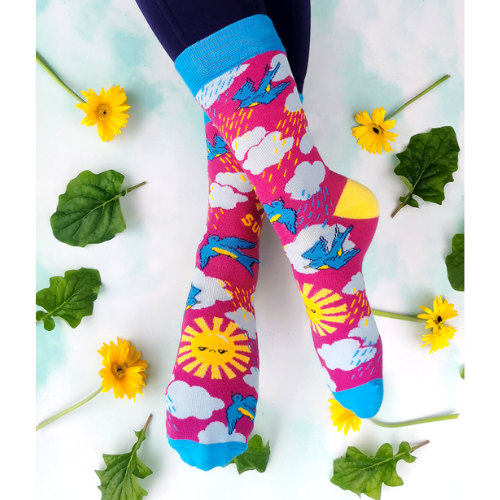 Print on Socks: "I'm a freakin' ray of sunshine". Mad Sun with Sky view of clouds and birds.