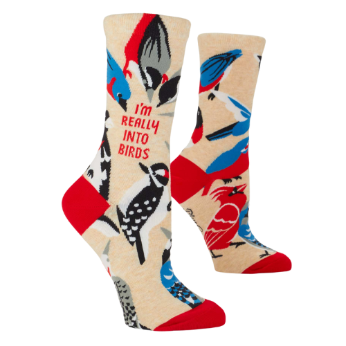 Blue Q crew socks with colorful birds and the phrase 'I'm Really Into Birds' printed on them.