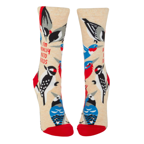 Blue Q crew socks with colorful birds and the phrase 'I'm Really Into Birds' printed on them.