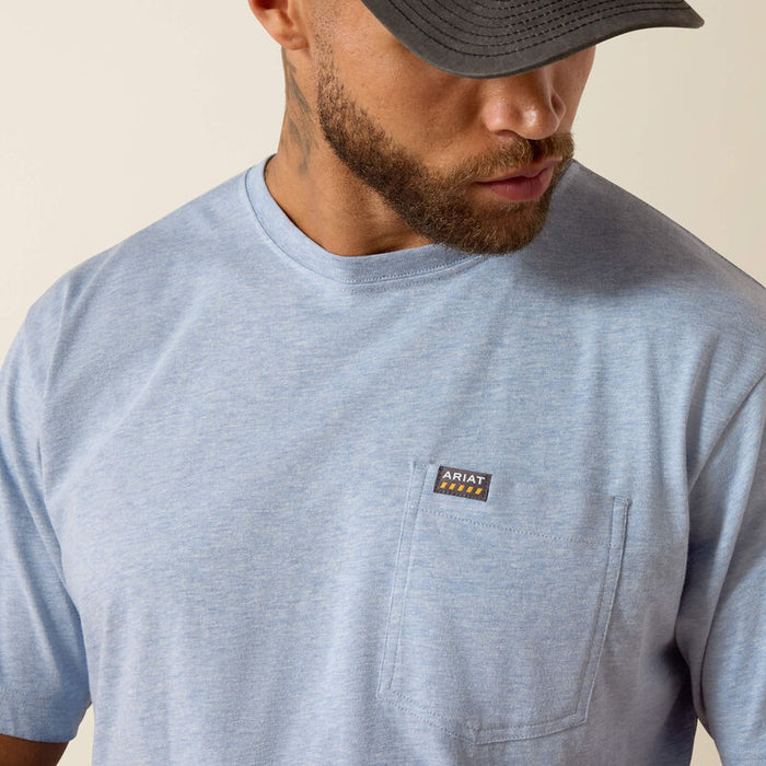 Ariat Work Rebar Cotton Strong standard pocket t-shirt in washed rain heather, detail view