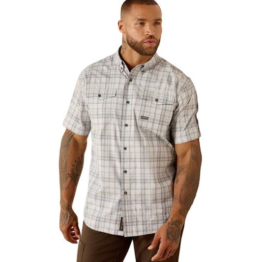 Ariat Work Rebar Made Tough VentTEK DuraStretch work shirt in microchip with sun protection, front view, available in big and tall sizes