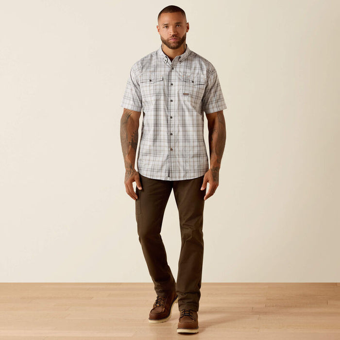 Full-length view of the Ariat Work Rebar VentTEK DuraStretch work shirt in microchip