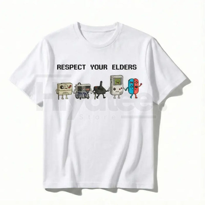 "Respect Your Elders" Retro Gamer Classic T-Shirt – Nostalgic 90s Pixel Art Controller Tee