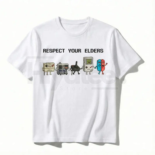 "Respect Your Elders" Retro Gamer Classic T-Shirt – Nostalgic 90s Pixel Art Controller Tee