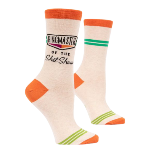 Every day you deal with clowns, tame lions, and jump through hoops. Give your feet the attention they deserve with our selection of playful socks with a little bit of an attitude.  The Sock Bar RINGMASTER OF THE OF ShitShow socks THE Incredible socks, amazing socks, funny socks! www.sockbar.ca. 61% combed cotton / 36% nylon / 3% spandex. Men's crew sock. Womens crew socks