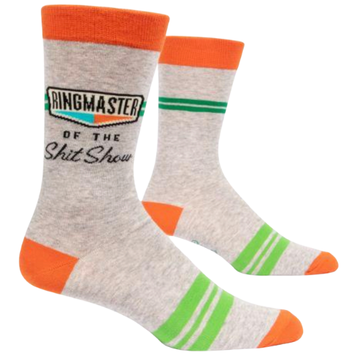RINGMASTER OF THE SHIT SHOW M-CREW SOCKS.  Every day you deal with clowns, tame lions, and jump through hoops. Plus you have that sweet ringmaster top hat! We're mesmerized by your power and it's damn time you get the attention you deserve! Men's shoe size 7-12. 61% combed cotton; 36% nylon; 3% spandex.