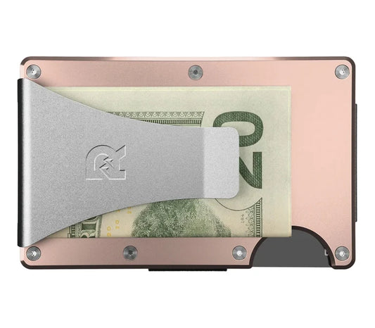 Back view of the Ridge rose gold aluminum wallet showing the integrated money clip