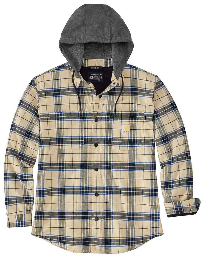 Carhartt Rugged Flex relaxed fit flannel fleece lined hooded shirt jacket in oat milk