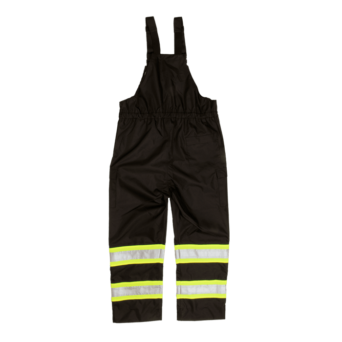 Tough Duck safety rain bib overall in black, back view of the reflective striping