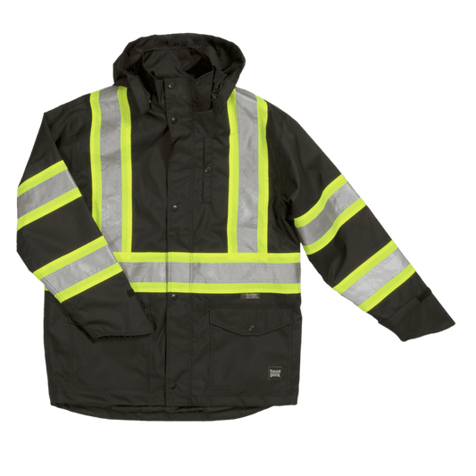 Tough Duck safety rain jacket in black with reflective striping, front view