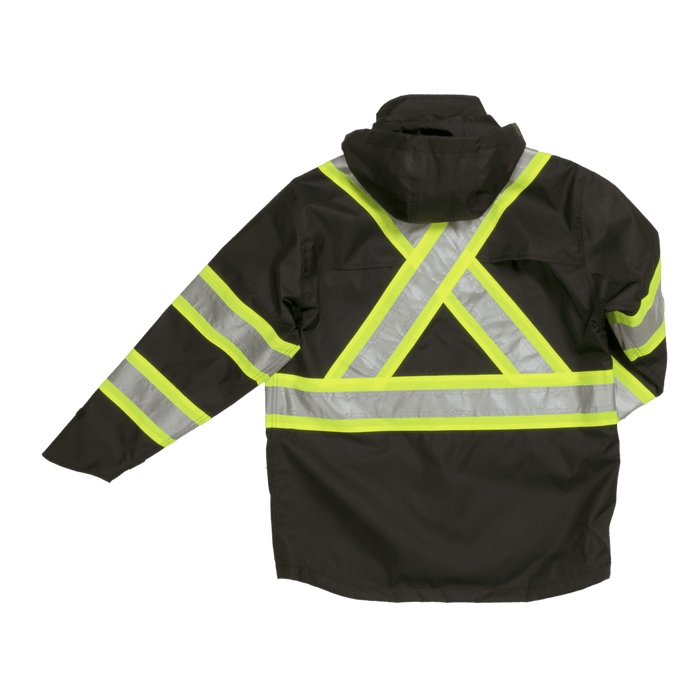 Tough Duck safety rain jacket in black, back view of the reflective striping