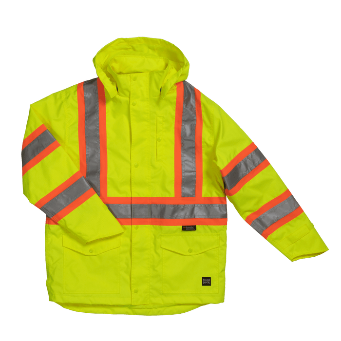 Tough Duck safety rain jacket in fluorescent green, front view