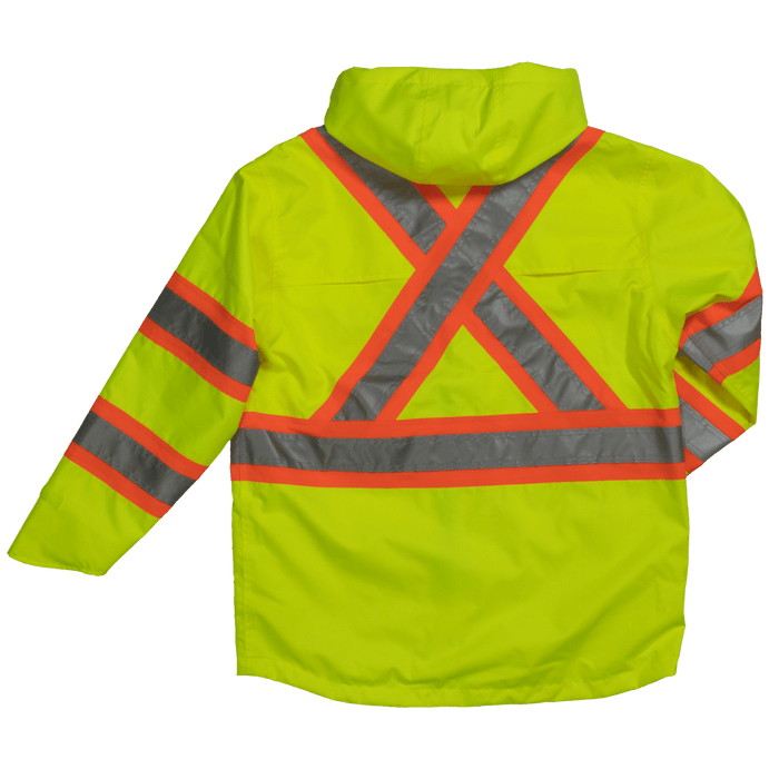 Tough Duck safety rain jacket in fluorescent green, back view of the reflective striping