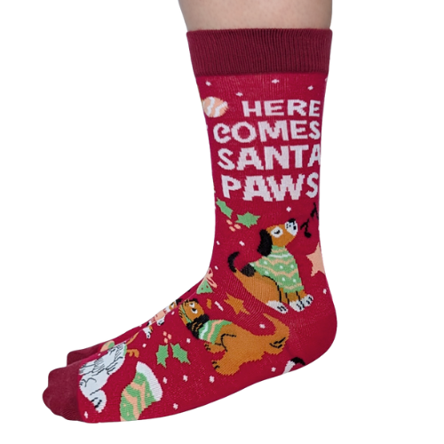 Festive ‘Santa Paws for Her’ socks with holiday puppy print – perfect gift for dog lovers