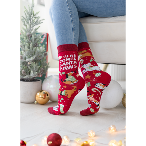 Red Christmas-themed socks with dog illustrations and text, worn by a person in a festive setting.