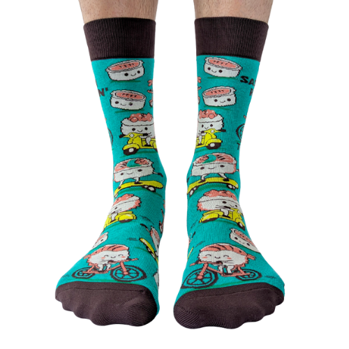 Sashimi Rollin’ men’s socks – fun sushi-themed socks with sashimi and maki roll illustrations