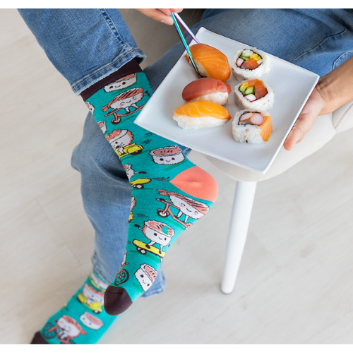 Sashimi Rollin’ men’s socks – fun sushi-themed socks with sashimi and maki roll illustrations