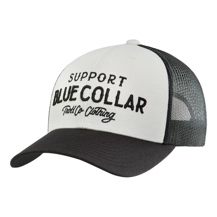Troll Co. SBC embroidered curved brim trucker hat in white and black