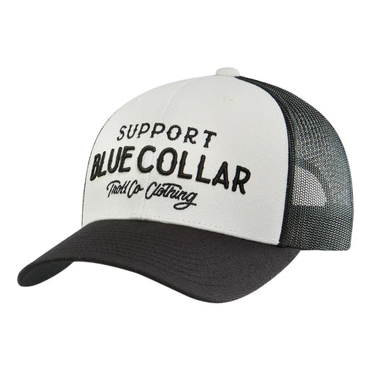 Troll Co. SBC embroidered curved brim trucker hat in white and black