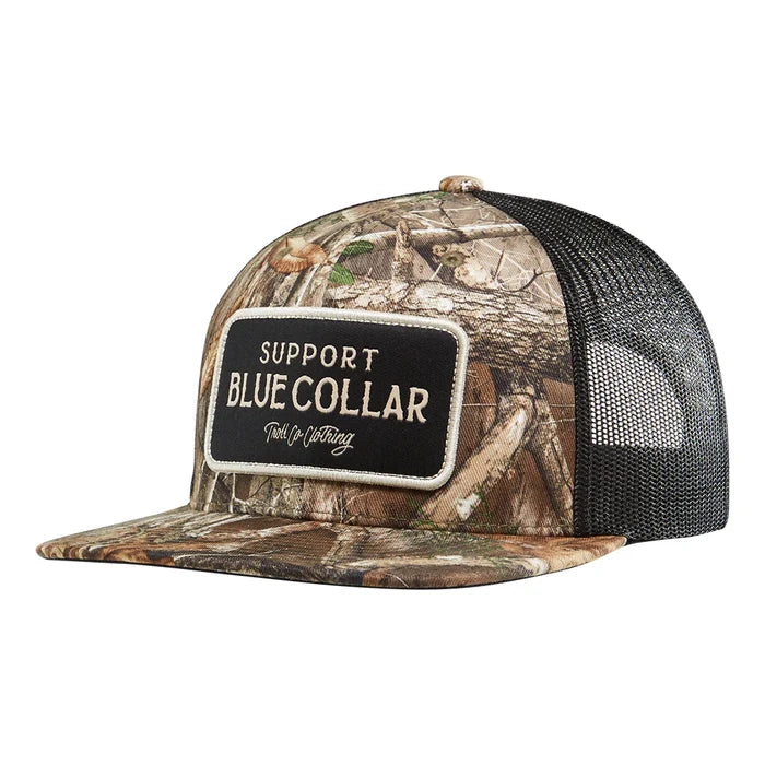 Troll Co. SBC Barricade flat brim trucker hat in Realtree Edge camo and black, front view