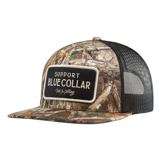 Troll Co. SBC Barricade flat brim trucker hat in Realtree Edge camo and black, front view