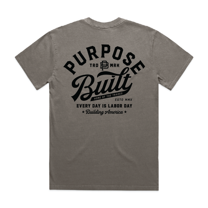 Purpose-Built script logo heavyweight short-sleeve t-shirt in faded grey, available in big and tall sizes