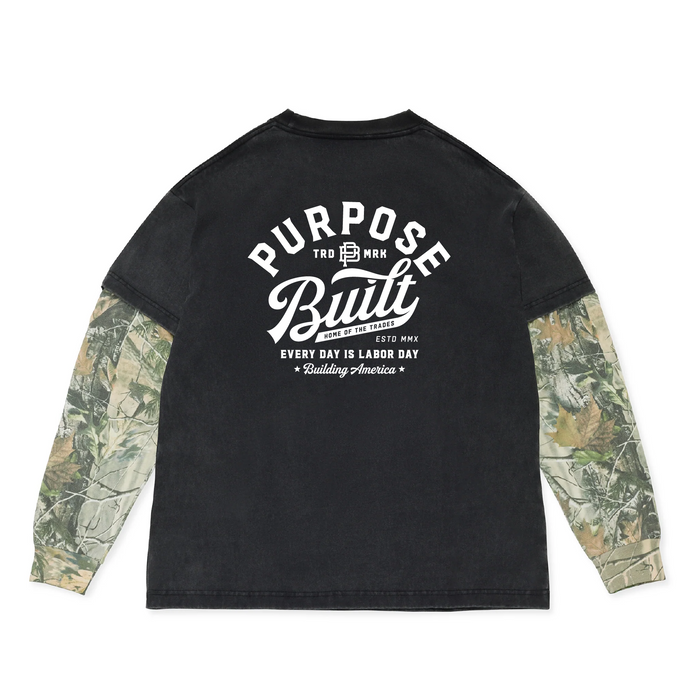 Purpose-Built script logo long sleeve dual tee in black with Deadtree camo sleeves, available in big and tall sizes