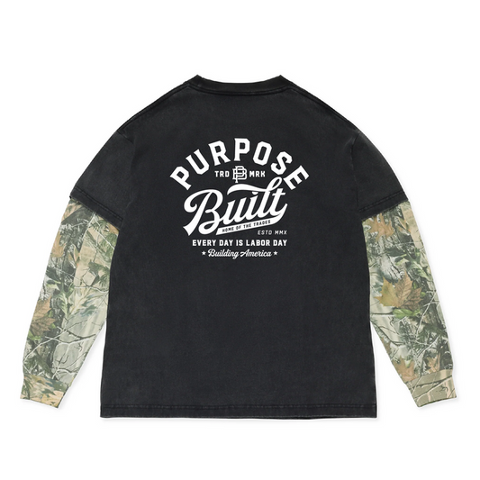 Purpose-Built script logo long sleeve dual tee in black with Deadtree camo sleeves, available in big and tall sizes