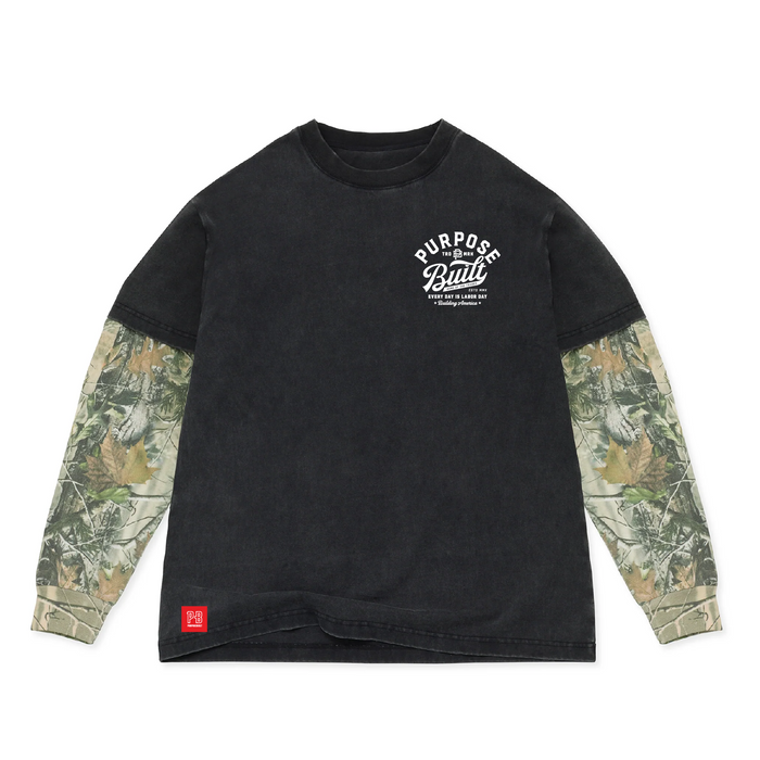 Purpose-Built script logo long sleeve dual tee in black and Deadtree camo, alternate product view