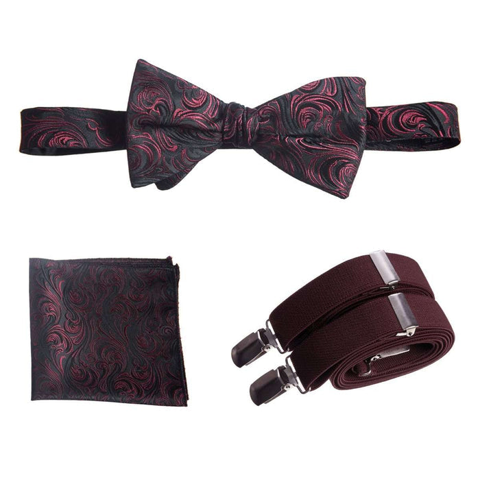 Self - tie Bow Tie & Pocket Square Paisley Jacquard with Adjustable Stretch Suspender - Tuxgear