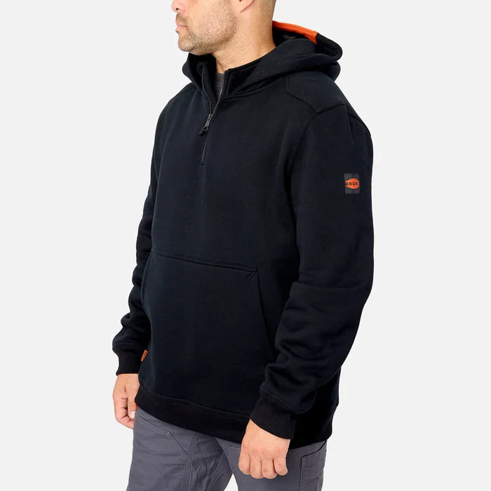 BRUNT Shevlin hooded quarter-zip sweatshirt in black, three-quarter left view