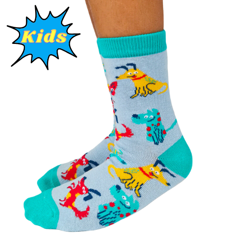 A close-up of Uptown Sox's Silly Dogs Socks, showcasing a fun and colorful pattern of dogs in silly poses. Perfect for adding a playful touch to any outfit.