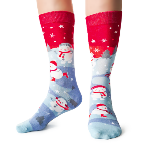 The sock bar skating snowman socks by Uptown Sox. Red and blue socks with a winter scene with skating snowman