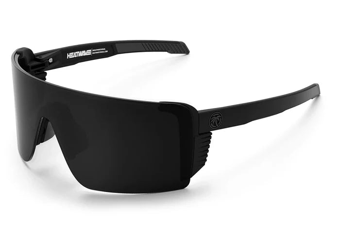 Skynet Z87+ safety glasses by Heat Wave Visual with black non-polarized lenses, angled view