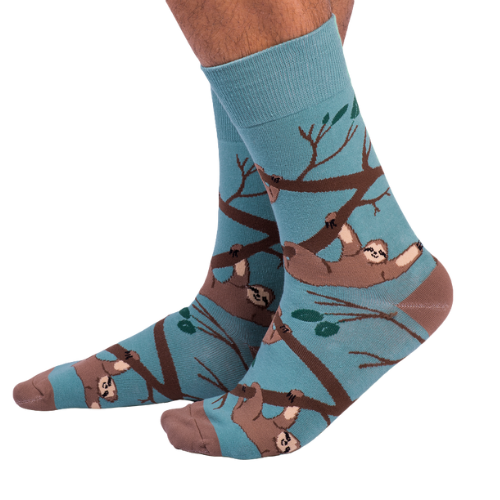Slothin’ Around men’s socks featuring a fun sloth design, cozy crew style, and comfortable fit — perfect for lounging and everyday wear.
