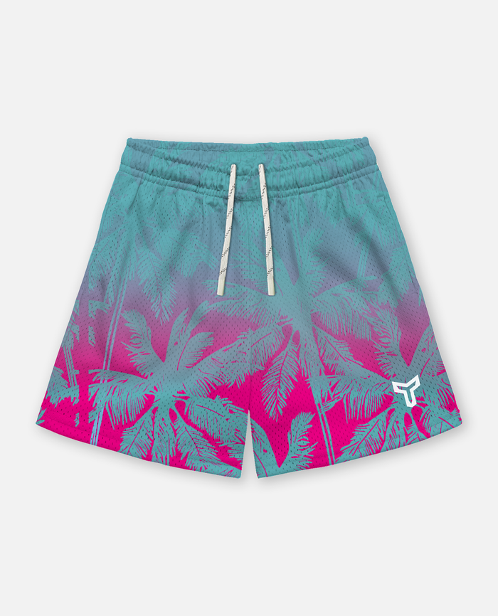 Titan battlegear teal and pink shorts with palm tree pattern on a white background