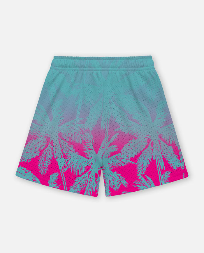Titan battlegear teal and pink shorts with palm tree pattern on a white background