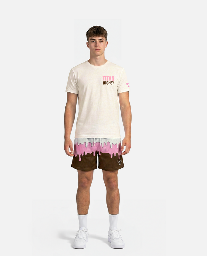 male model wearing titan battlegear shorts with a unique ice cream design on a white background