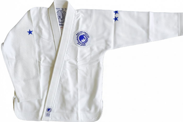 White martial arts gi with blue logo on a white background