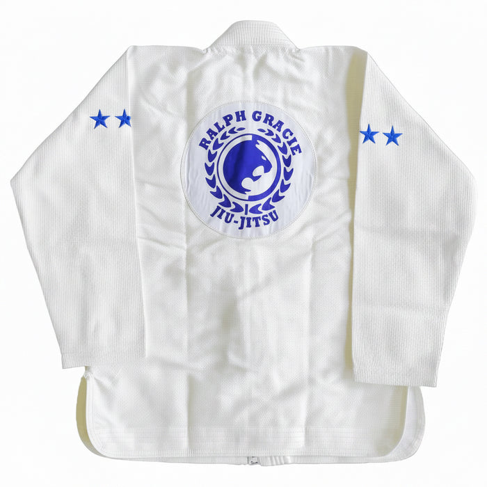 White martial arts gi with Ralph Gracie Jiu-Jitsu logo on a white background