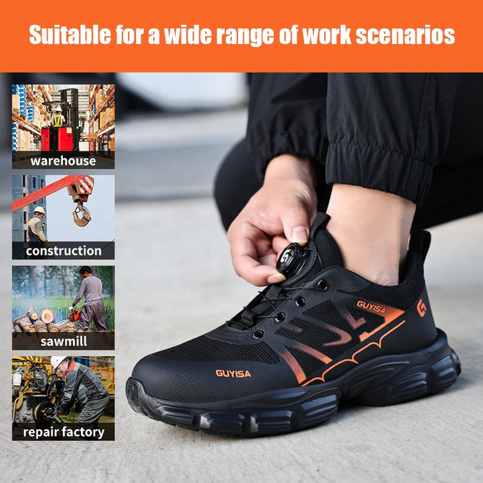 Rotating buckle lazy shoelace detail on work safety shoe
