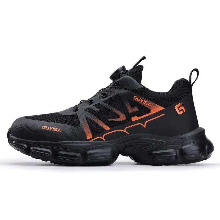 Steel toe cap safety sneaker in black-orange - side view