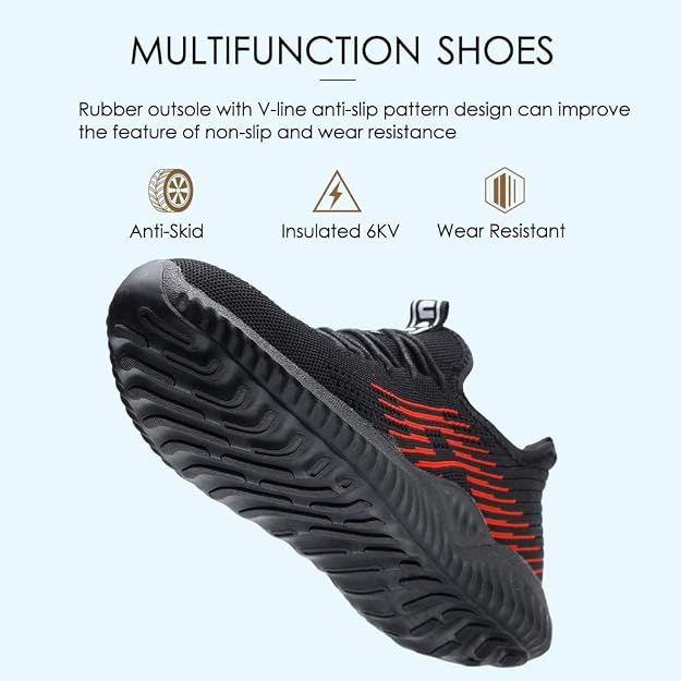 Black steel toe safety shoe — rear angle view displaying padded collar and durable rubber outsole