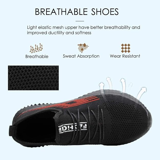Black steel toe cap work boot — front angle view highlighting lace-up closure and air mesh fabric