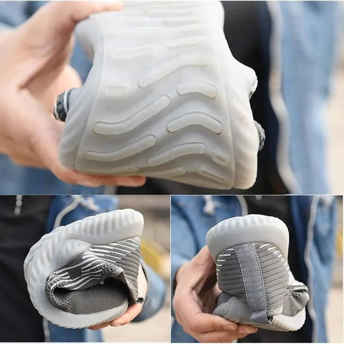 Grey lightweight safety shoe for men and women — side profile showing striped mesh upper and grey outsole