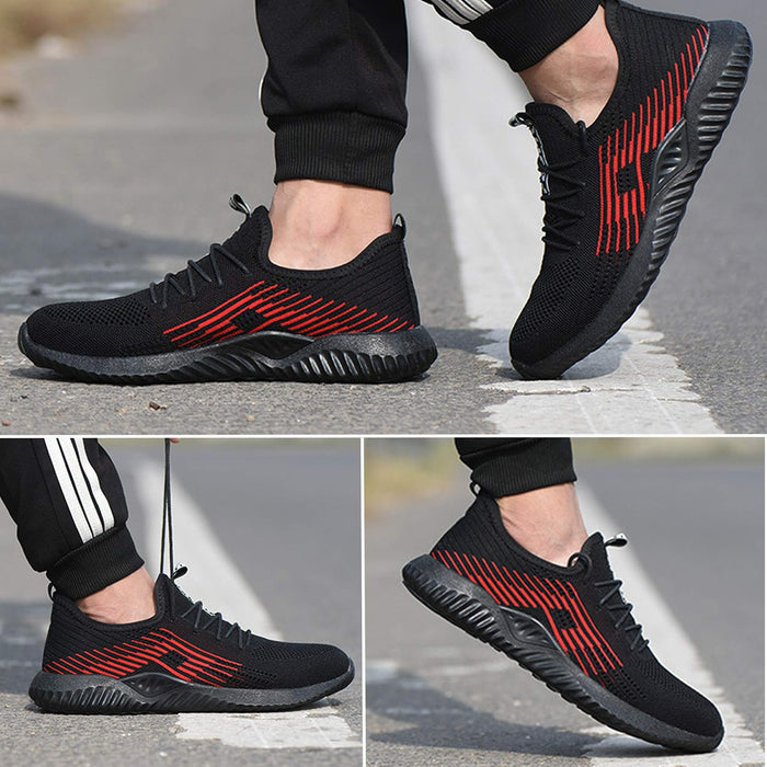 Black-Red steel toe cap safety shoes — four-angle product view including sole, side, front and pair shot